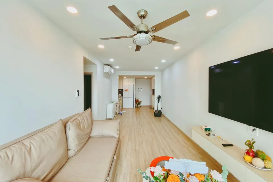Séjour d'appartement tout en longueur, ventilateur de plafond avec éclairage
