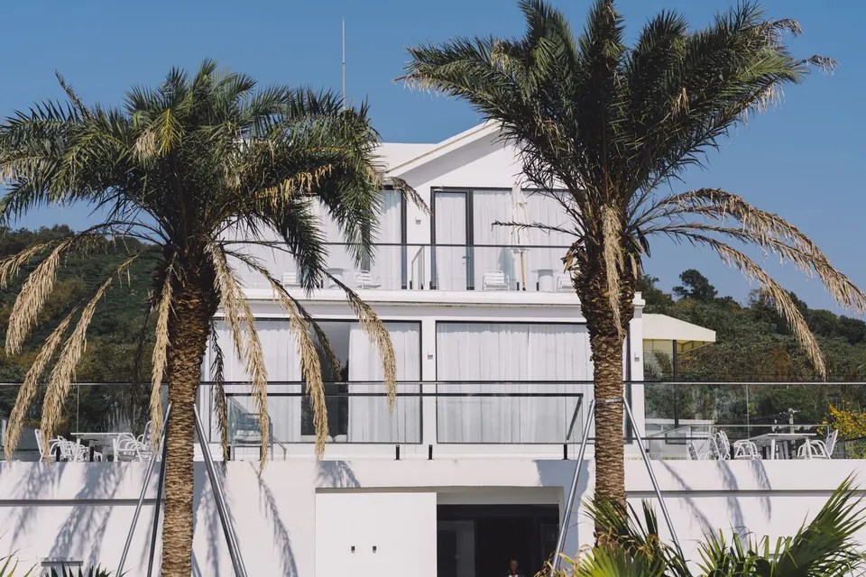 Maison contemporaine à étage entre deux palmiers